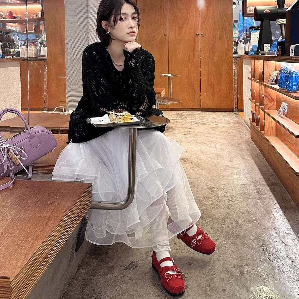 Cowhide Version ~ Red Bowknot Small Single Shoes for Women Spring Summer Genuine Leather Shallow Mouth Studded Ballet Flats