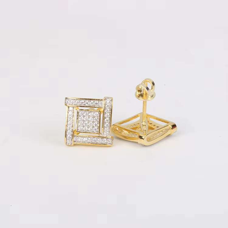 Hip Hop 18k Gold Plated 925 Sterling Silver Passes Diamond Tester 9MM VVS Moissanite Square Mens Cluster Stud Earrings