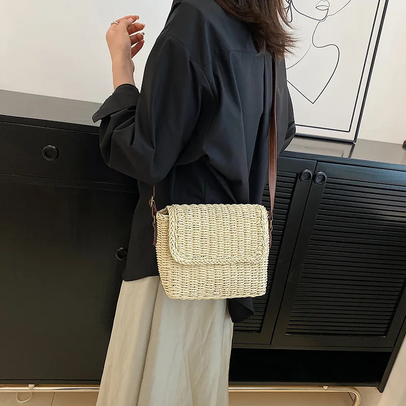 Small Straw Bucket Crossbody bag For Female Summer Straw Weave Womens Handbags Purses Fashion Simple Shoulder Bags 250530