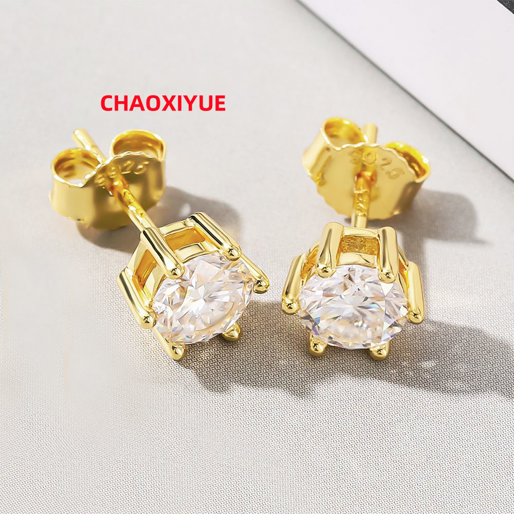 GRA Certification 1ct 2ct 3ct 925 Sterling Silver 4 Claw 14K Gold S925 Sterling Silver VVS1 Moissanite Men Hip Hop Stud Earrings