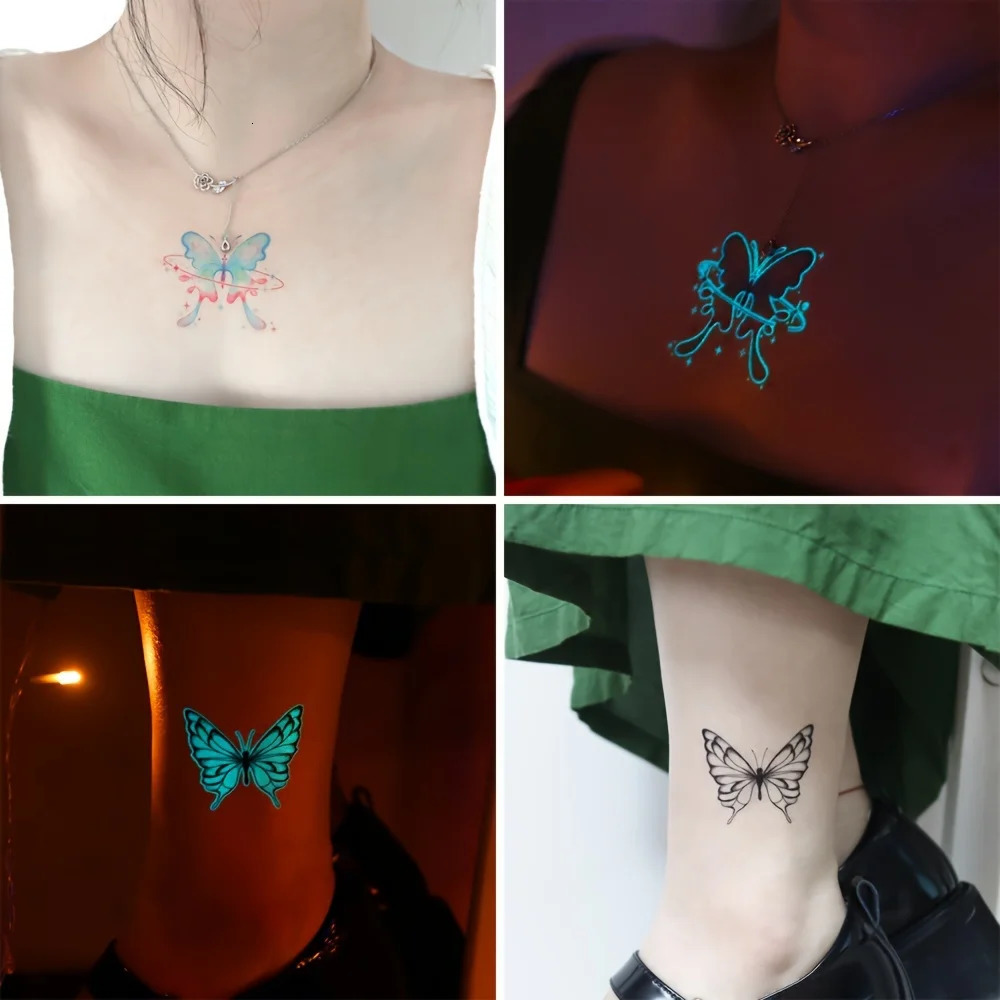 12 Sheets Butterfly Luminous Temporary Tattoo Blue Glow In the Dark Tattoo Sticker For Women Hands Face Tattoo Music Party Decor 250530