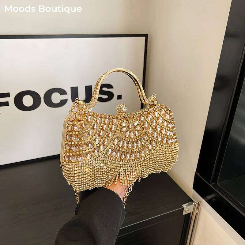 MOODS Rhinestone Tassel Evening Banquet Bag Glitter Ladies Clutch Purse With Chain Wedding Dinner Party Designer Handbags