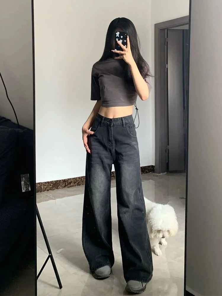 Korean Vintage High Waist Womens Jeans Y2K Slimming Pear-Shaped Loose Straight Bell Bottoms Black Gray Baggy Denim Trousers 250527