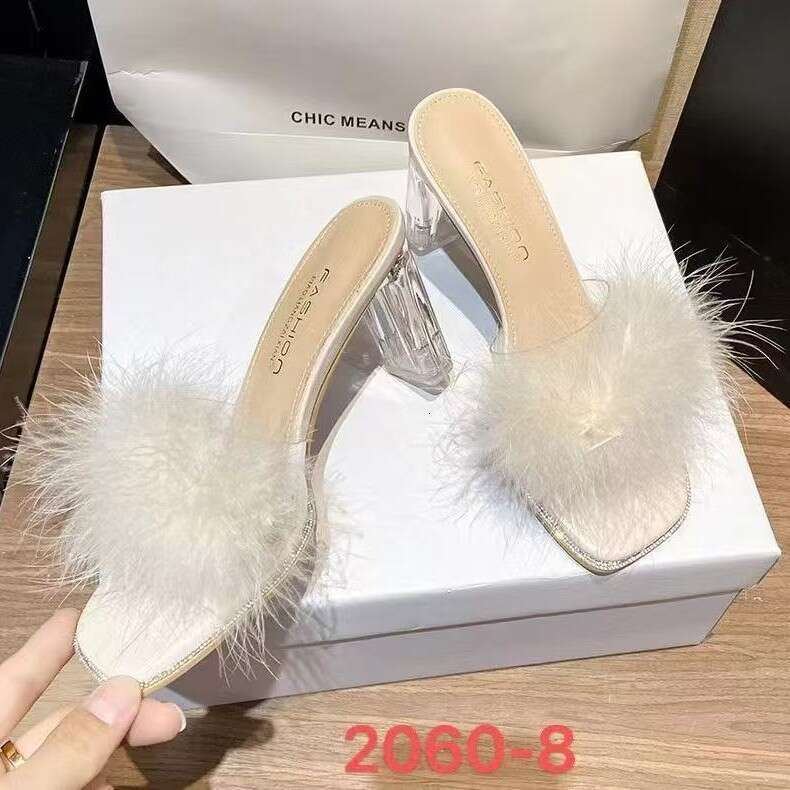 Fairy Style Outdoor Furry Sandals for Women Summer 2025 New One-Strap Crystal Chunky Heel French High Heels 2060-8