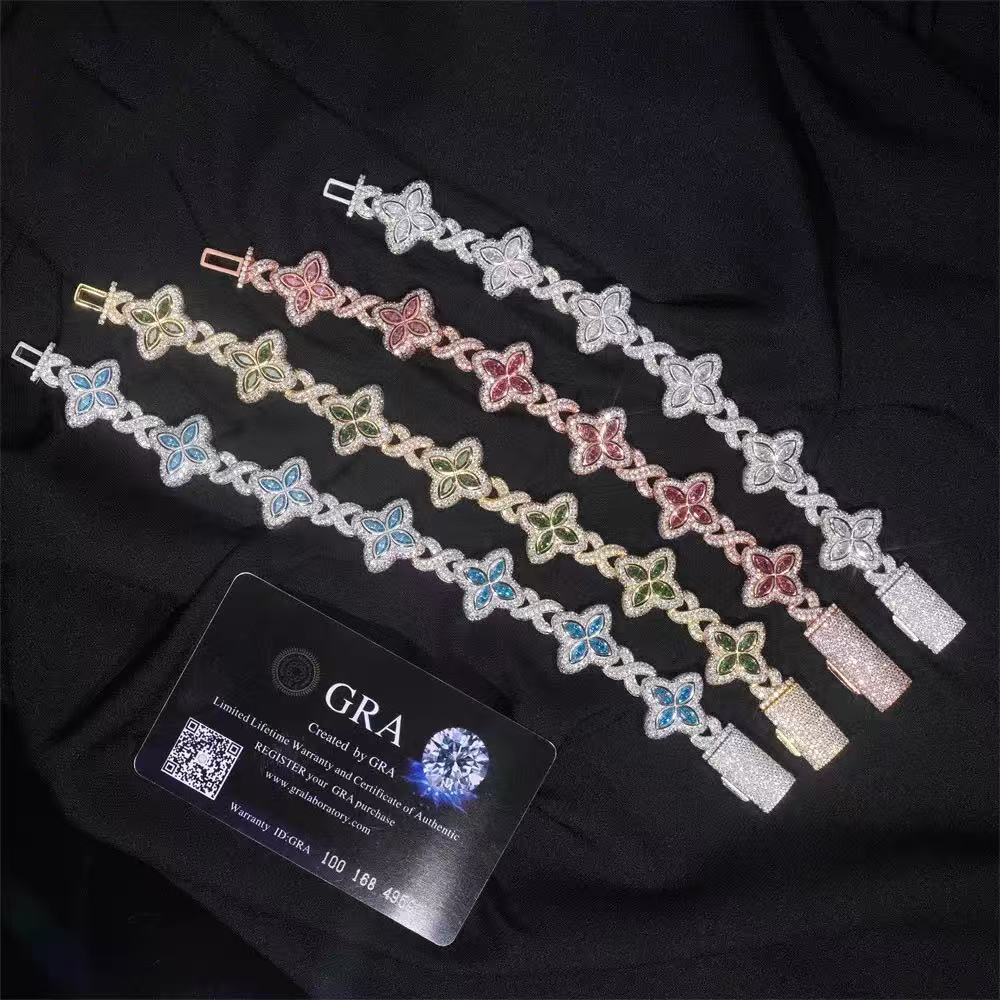 Moissanite Jewelry Clover Bracelet Green Pink Diamond S925 Silver Gold Plated Cuban Moissanite Bracelet With GRA Certificate