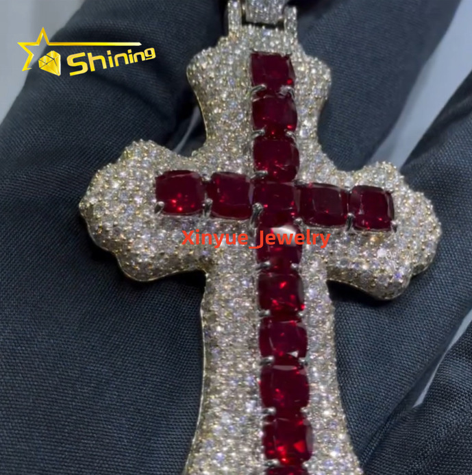 Custom Iced Out Fashion Hip Hop Cross Pendant Jewelry Tennis Chain 925 Silver VVS Moissanite Red Diamond Cross Pendant for Men