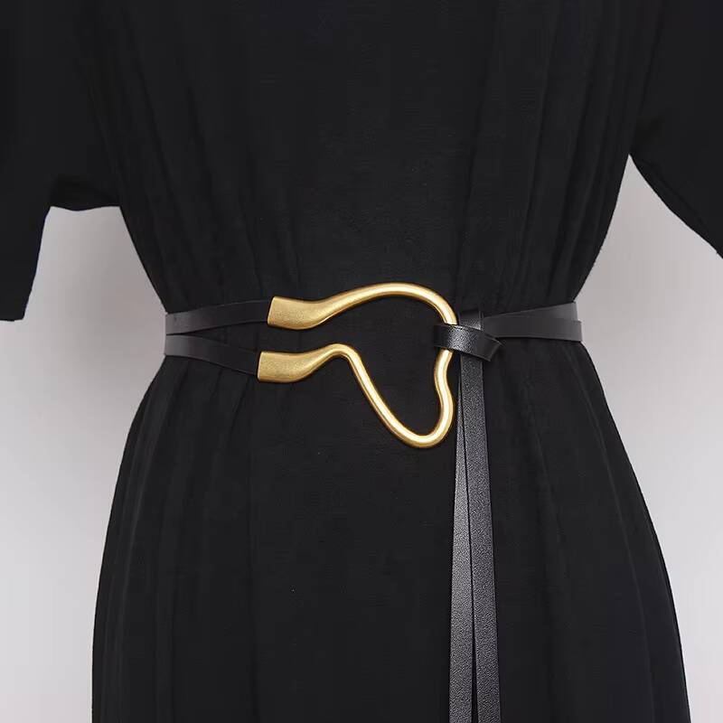Fashion Metal Horseshoe Soft PU Leather Long Shirt Knot Women's Large Alloy Buckle Belt