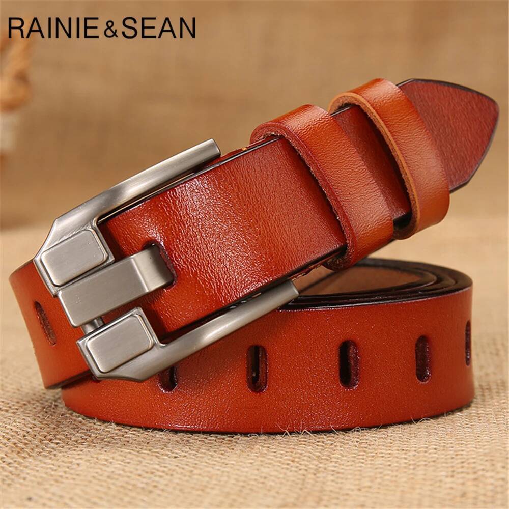 RAINIE SEAN Red Women Pin Buckle Real Belts for Jeans Genuine Leather Cowskin High Quality Solid Ladies Belt 110cm