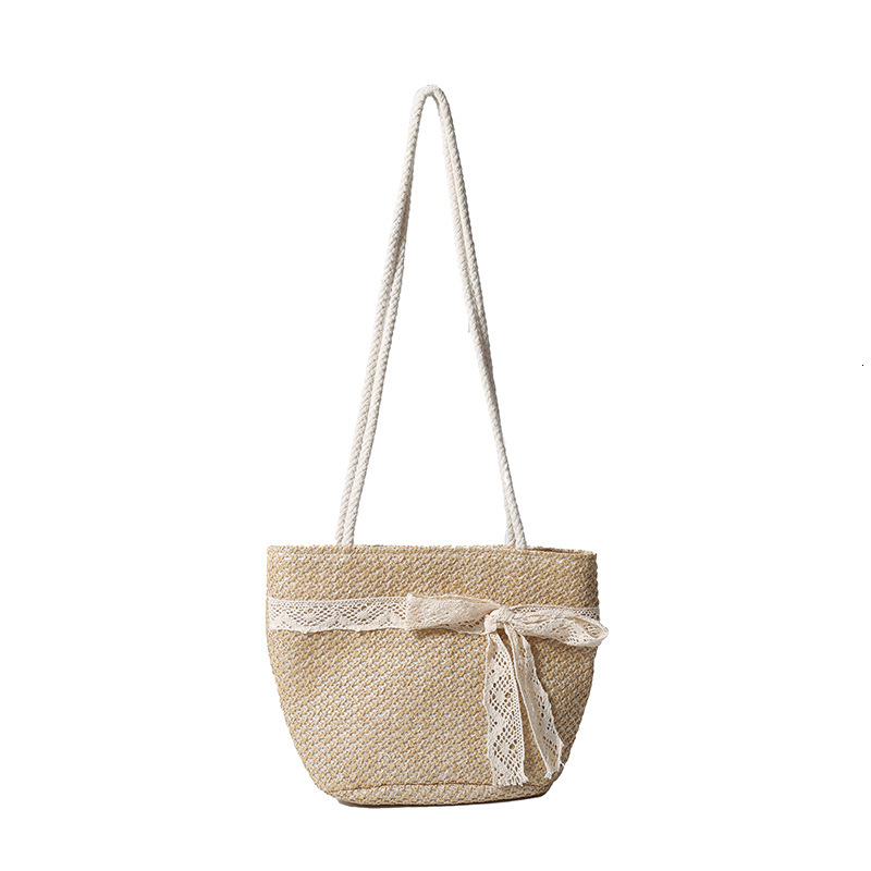 Free Shipping Designer Straw Woven Handmade Bag Lace Large Capacity Seaside Vacation Straw Woven Bag Bow Design Sweet Shoulder Bag