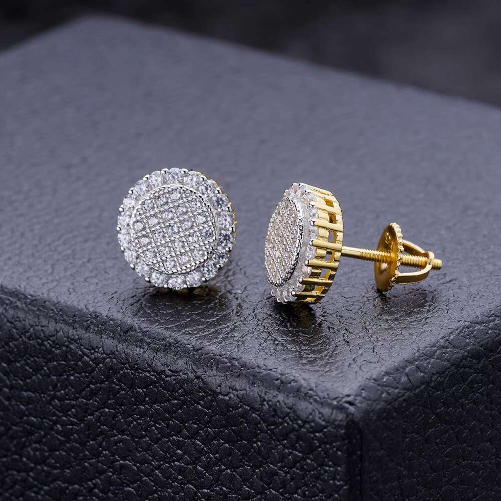 Fine Hip Hop Jewelry Iced Out Vvs Moissanite Gold White Gold Plated 925 Sterling Silver Round Stud Earrings for Men