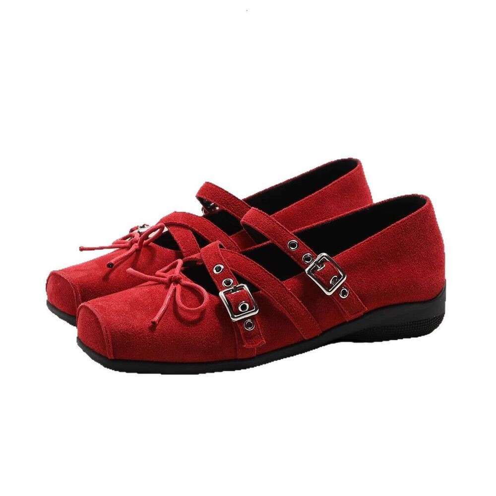 Cowhide Version ~ Red Bowknot Small Single Shoes for Women Spring Summer Genuine Leather Shallow Mouth Studded Ballet Flats