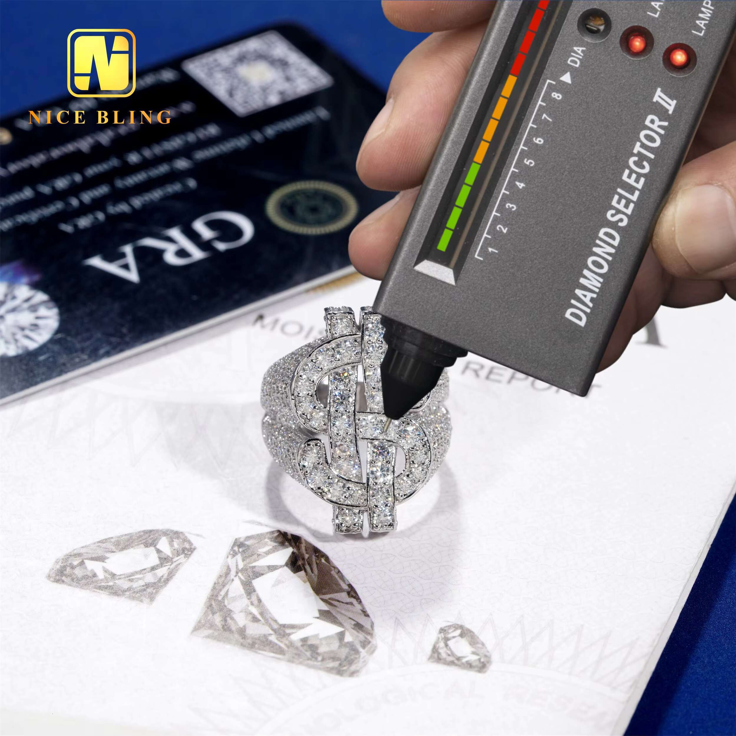 Rhodium Plated 925 Sterling Silver Jewelry Iced Out Dollar Rings Hip Round Brilliant Moissanite Rings for Men and Women