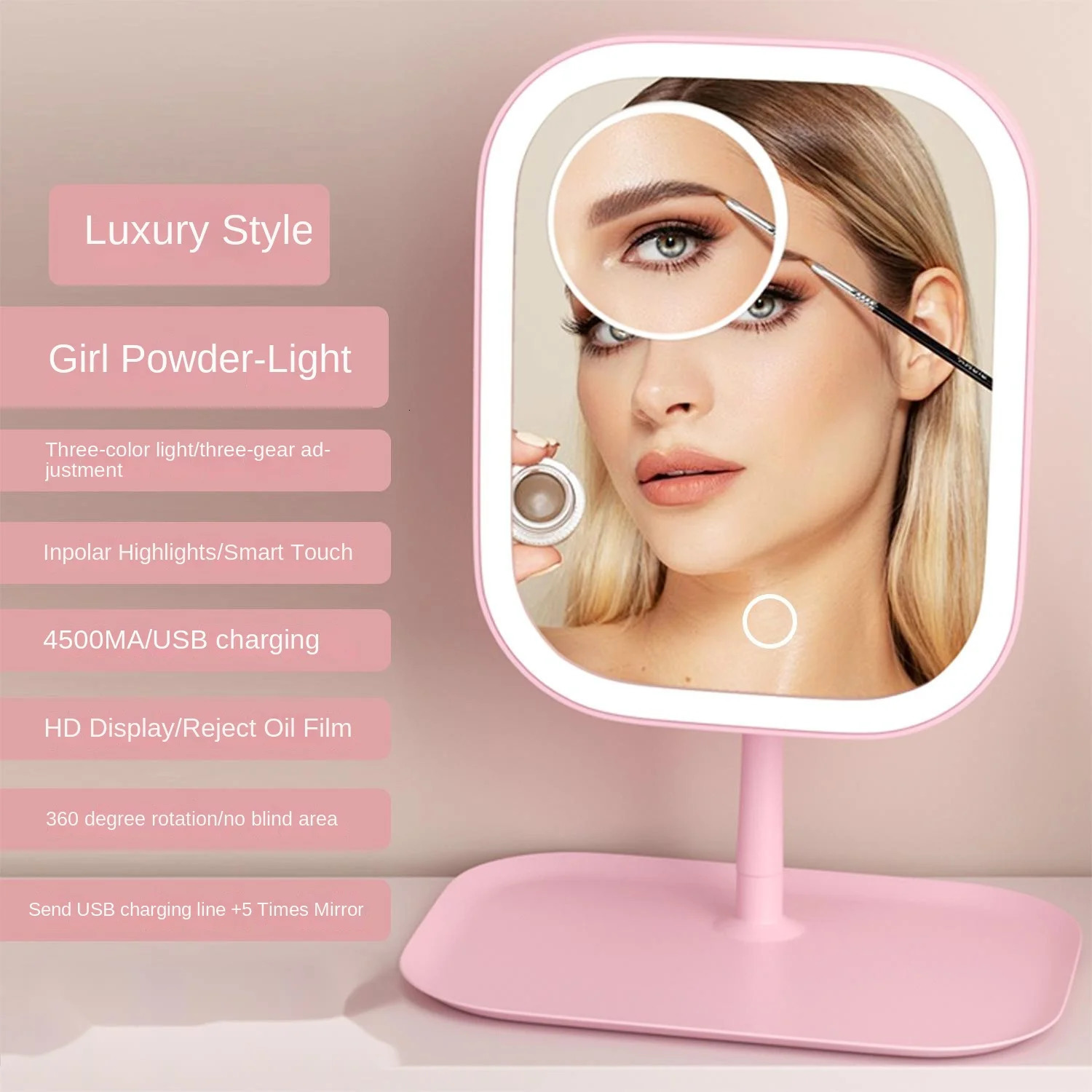 Rechargeable Lighting Makeup Mirror Portable LED Makeup Mirror Dimmable Magnifier Touch Control Storage Makeup Mirror 250530