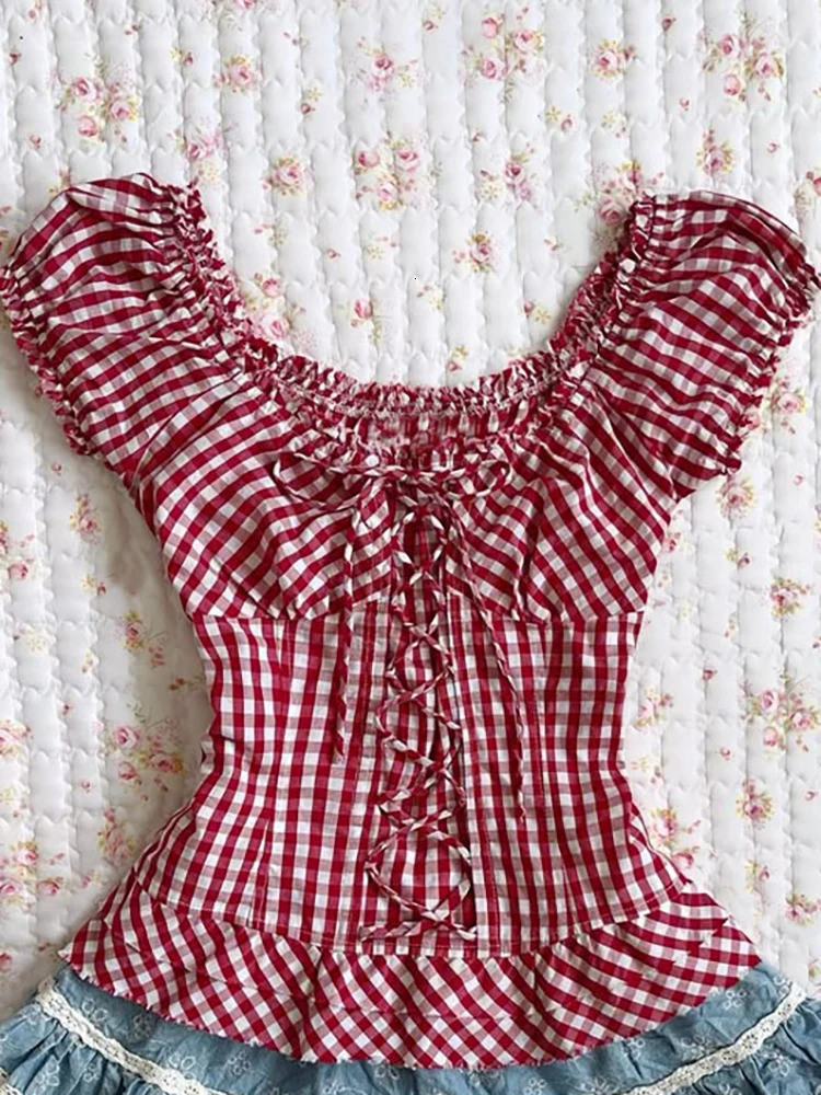 Sweet Vintage Classic Plaid Pattern Crop Tops Harajuku Maiden Woman Y2K Cute Shirts Baby Tee Slim Fairy Punk Clothing 250530