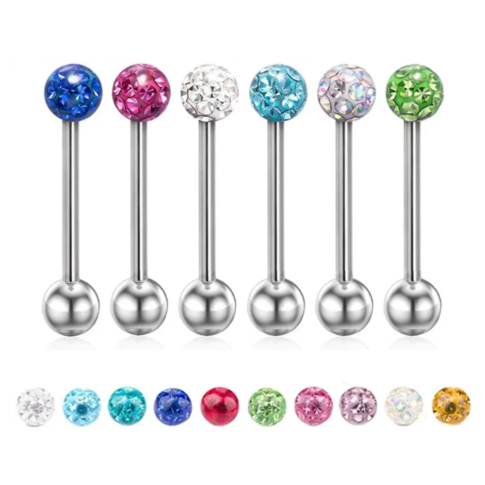 6Pcs Mixed Set 6mm Crystal 14G 1.6mm Steel Tongue Ring 16mm Bar Barbell Nipple Body Piercing Jewelry 250526