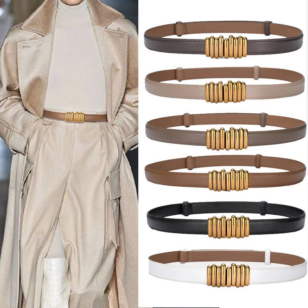2.4cm Genuine Leather Designer Women Dress Cowhide Knot Belt Gold Alloy Buckle Waistband Jeans Female Gift