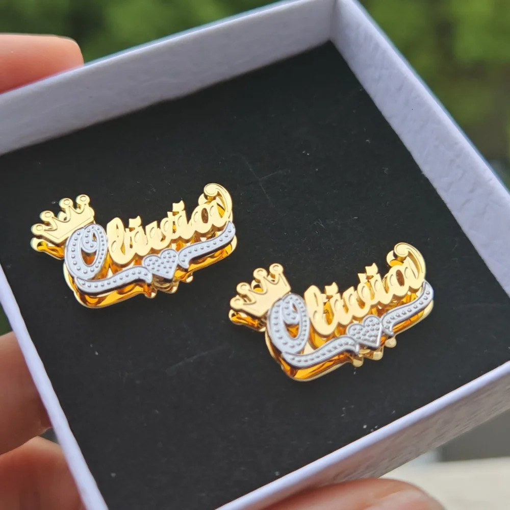LeeChee Double Layer Crown Custom Name Earstuds Two Color Personalized Stainless Steel Hiphop Earrings Womens Jewelry Gift 250529