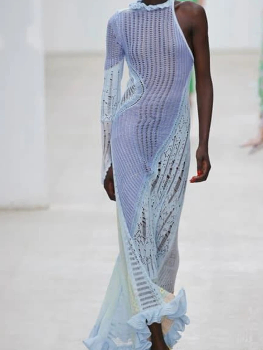 Combhasaki Women Y2K Vintage Contrast Color Hollow-Out See-Through One Shoulder Long Sleeve Bikini Cover-Ups Long Knitted Dress 250527