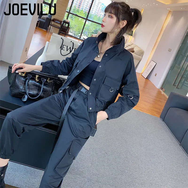 Joevilu 2PCS Tracksuit Motorcycle Jacket Cargo Pants 2 Piece Sets Women Fashion…