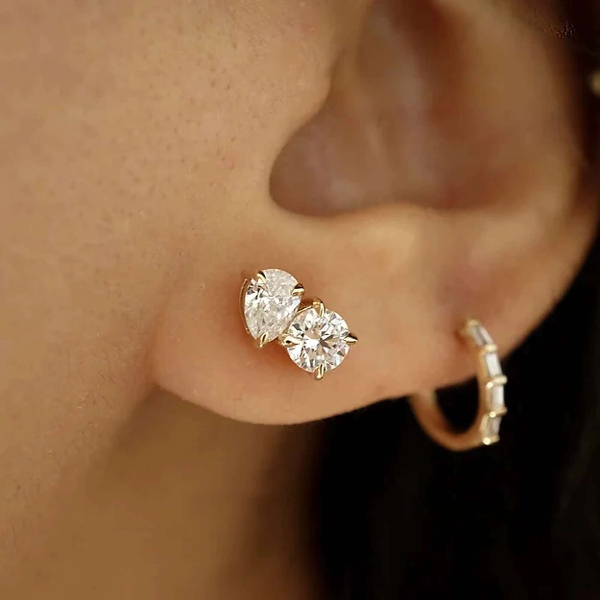 Two Stone Moissanite Earring Toi Et Moi Stud Earring 2.00 CTW Pear Round Cut Moissanite Stud Yellow Gold D/VVS1 Earring Woman