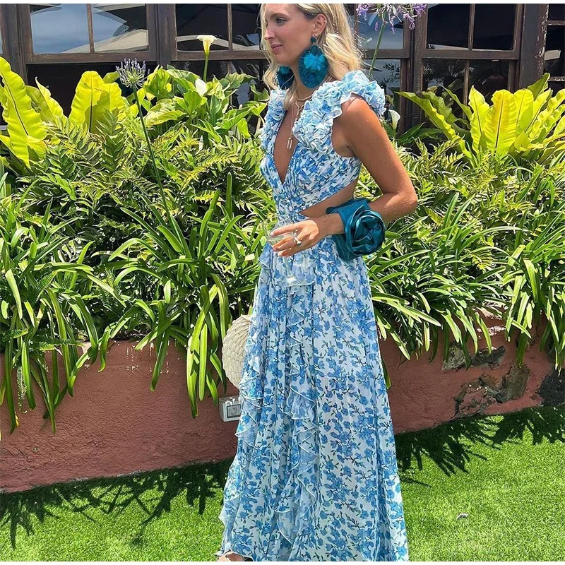 Basic Casual Dresses Summer Elegant Print Ruffles Hollow Out Long Dresses Women's Sexy Backless Sleeveless Lace-up High Waist Split Dress 2025 Ne