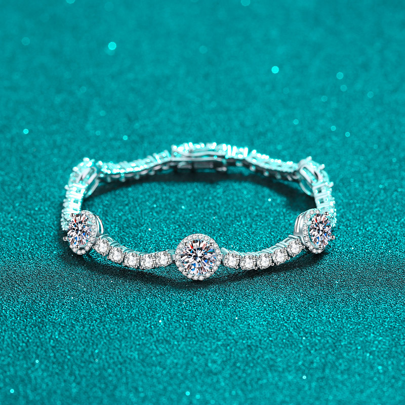 925 Sterling Silver Moissanite Bracelet for Women, Platinum Plated, Adjustable Clasp, Sparkling CZ Crystal, Elegant Luxury Jewelry