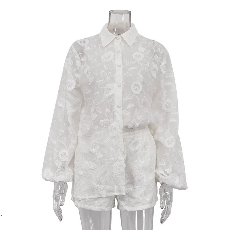 Boho Beach Sheer Blouses Shirts High Waisted Shorts For Womens Two Peice Sets White Cotton Floral Embroidered Outfit Summer Suit 250527