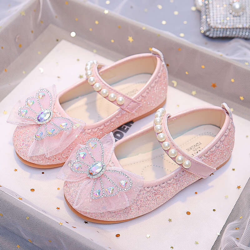 Girls' Princess 2025 Spring and Autumn New Little Girl Elsa Crystal Children's Soft Sole Leather Baby Single Shoes