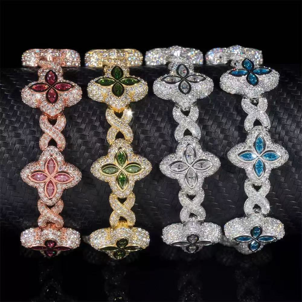 Moissanite Jewelry Clover Bracelet Green Pink Diamond S925 Silver Gold Plated Cuban Moissanite Bracelet With GRA Certificate