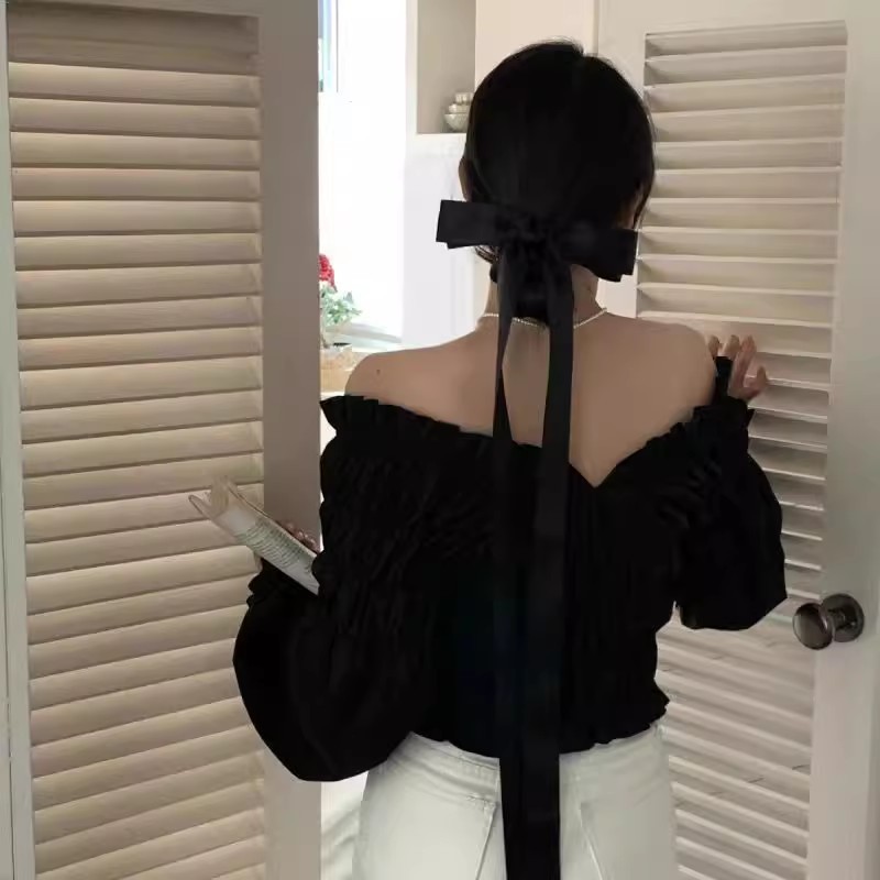 French Girl Style Extra Long Bow knot Ribbon Hair Clip Chic Top Clip for Back of Head Versatile Daily Hair Accessory