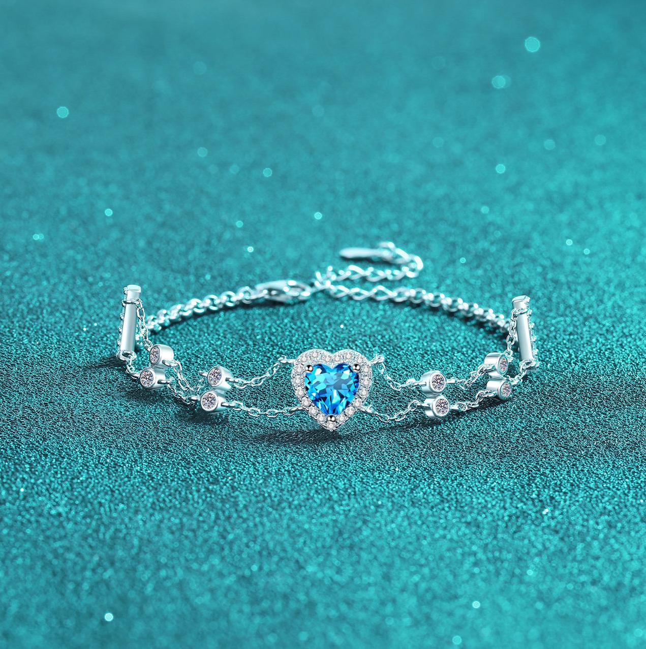 925 Sterling Silver Heart-Shaped Moissanite Bracelet for Women, Blue Center Stone, Adjustable Double Chain Design, Cute and Elegant Jewelry Gift
