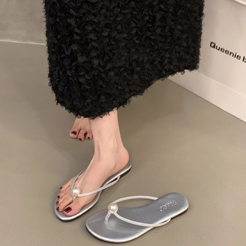 Summer Outdoor Flip Flop Fashion Womens Pearl Clip Toe Flats Slippers Comfort Slides Casual Street Style Shoes 250528