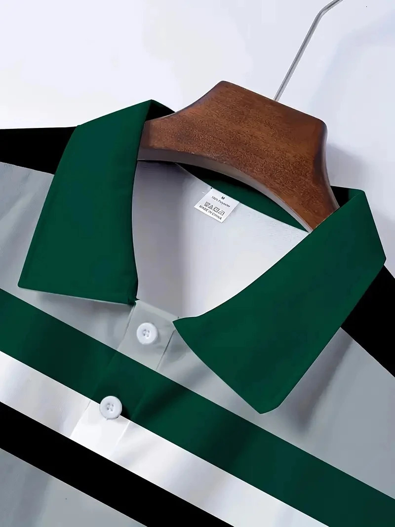 Mens Casual Stripesd 3D Printed Golf Shirt Short-Sleeved Button Collar Knitwear Regular Version Polyester Fiber Polo Shirt S 250530