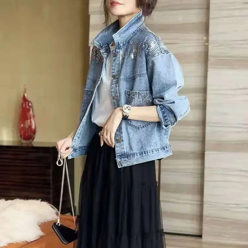 Denim Coat Female Ins Short Early Autumn Coat Sequins Loose Korean Version of Joker Autumn Style 250527
