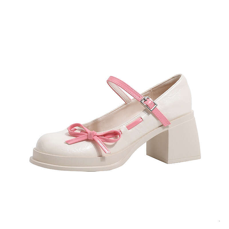 White Sweet Girl Bowknot High Mary Jane Round Toe Waterproof Platform Chunky Heel Comfortable College Style Girl's Single Shoes for Women