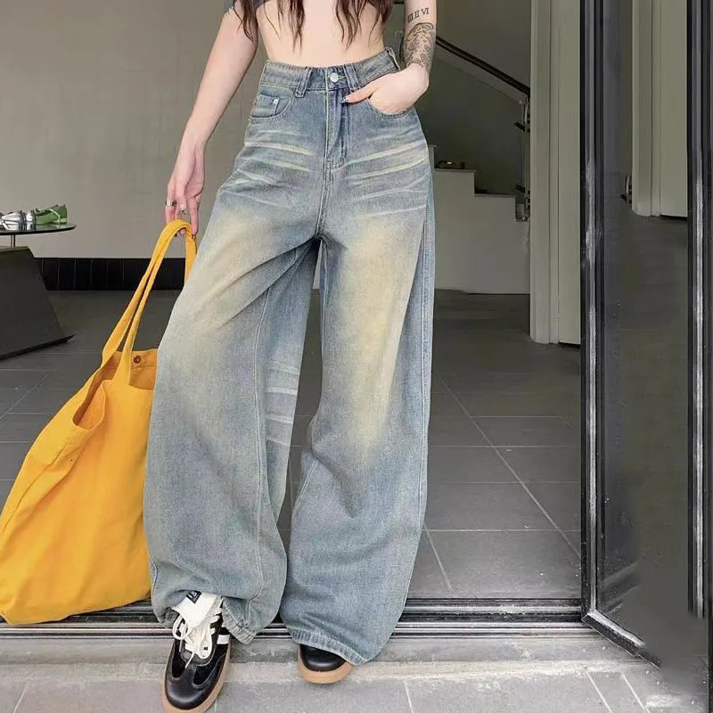 Spring Summer Vintage Chicly Button Jeans Women American Simple Baggy High Waisted Denim Pants Washed Y2K Wide Leg Jean Trousers 250527