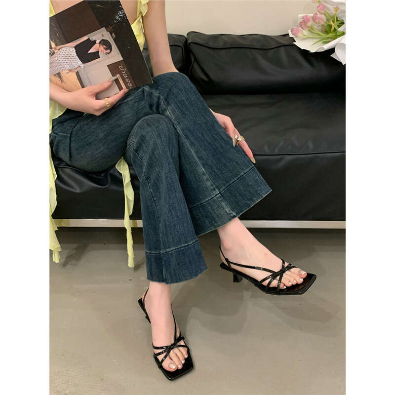 Two ~ French Fairy Style Square Stiletto High Heels for Women 2025 New Nude Color Thin Strap Open Toe Sandals