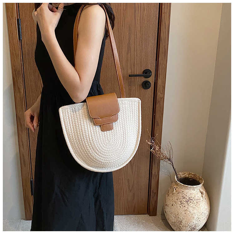 New Fashion Cotton Rope Large Capacity Beach Straw Woven Holiday Woven Crossbody Bag Simple Cover Shoulder Bag