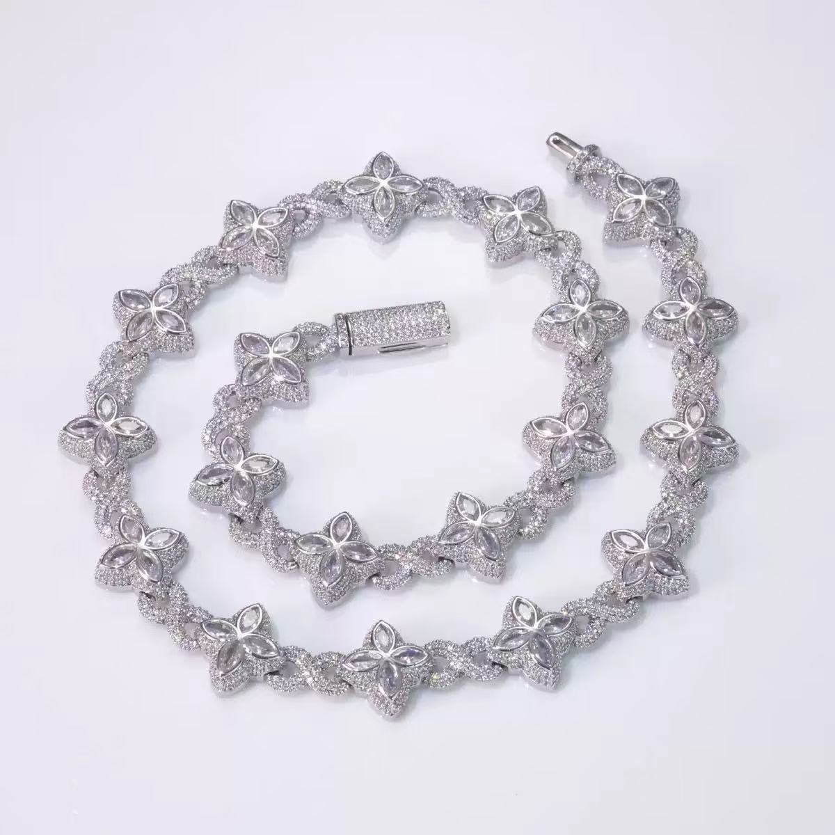 Fashion Hip Hop Jewelry Gold Plated 925 Sterling Silver Colored Moissanite Diamond Four Leaf Clover Necklace Cuban Link Chain