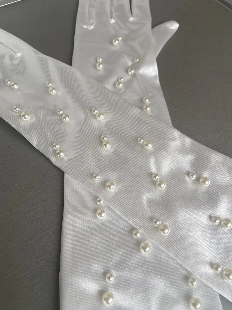 Womens Elegant Pearl Beaded Long White Satin Glove Female Spring Summer Vintage Sunscreen Driving Pograph Party Glove R2315 250529