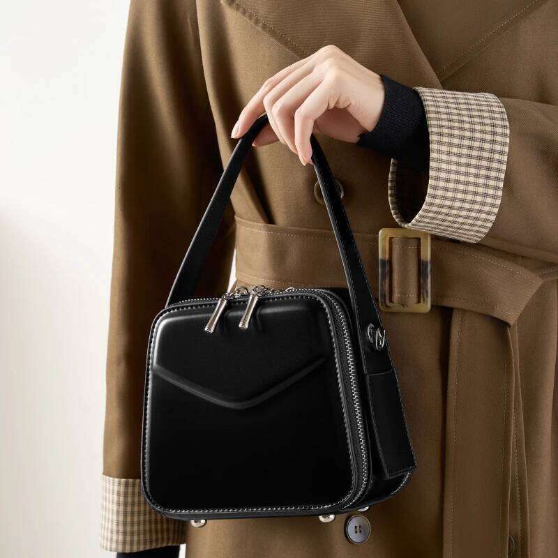 Designer Luxury Genuine Leather Women's 2025 New Designer Women Handbags Double Zipper Box Type Shoulder Bag Female Crossbody Bags