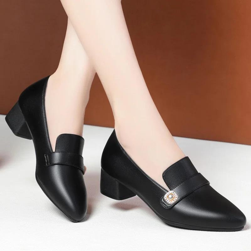 Comfort Women Pumps Point Toe Block Heels Concise Pearl Slip-On Mules Summer Soft Leather Soft Sole Casual Shoes 250528