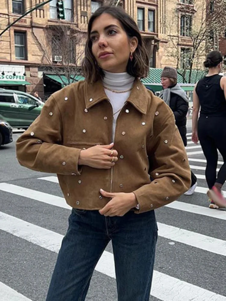 Rivet Suede Short Jackets Pockets Women Fashion Pocket Lapel Zipper Coats Tops Female Autumn winter Clothes Motorcycle Outerwear 250527