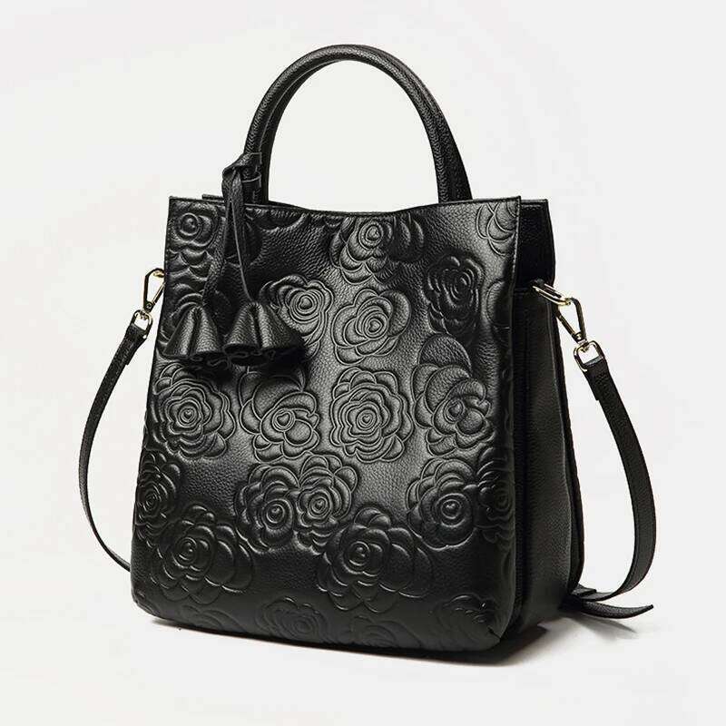 2025 New Genuine Leather Camellia Printed Handbag Fashion Big One-Shoulder Crossbody Women's Bag