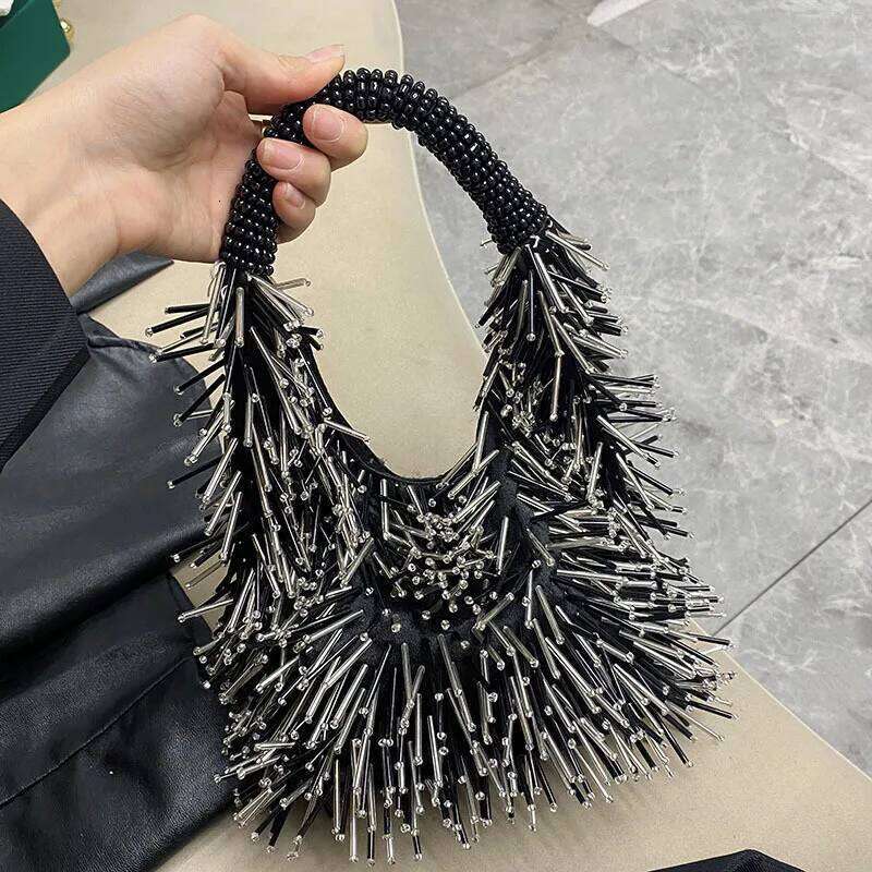 Women Tassel Handmade Bead Dia Hobo Shoulder Shiny Clutch Purse Handbag Fashion Female Underarm Bag