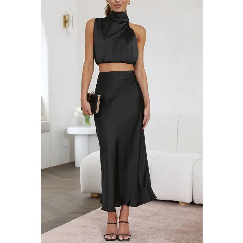 2025 Summer Women Satin Two Piece Set Elegant Sleeveless Turtleneck Shirt Crop Top High Waist Loose Long Skirt Set Sexy Outfits 250530