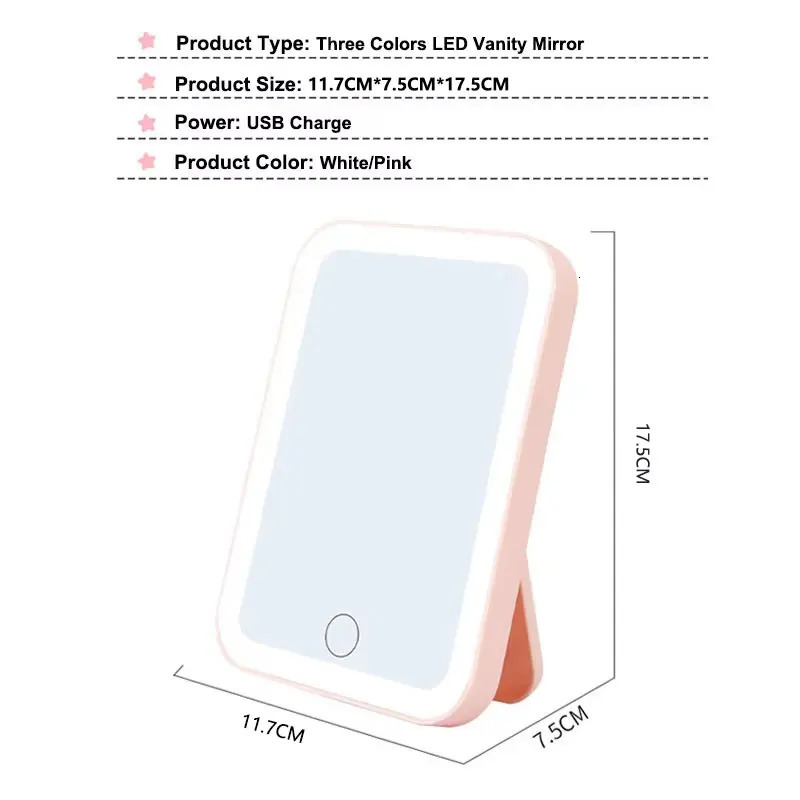 3 Colors LED Vanity Mirror with Touch Screen USB Rechargeable Dimming Makeup Mirror 3 Brightness Portable 250530