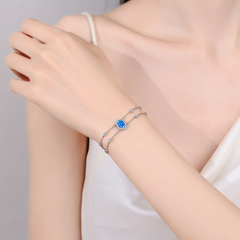 925 Sterling Silver Double Chain Moissanite Bracelet with Blue Oval-Cut Stone, Platinum Plated, Hypoallergenic, Adjustable Fit, Elegant Minimalist Jew