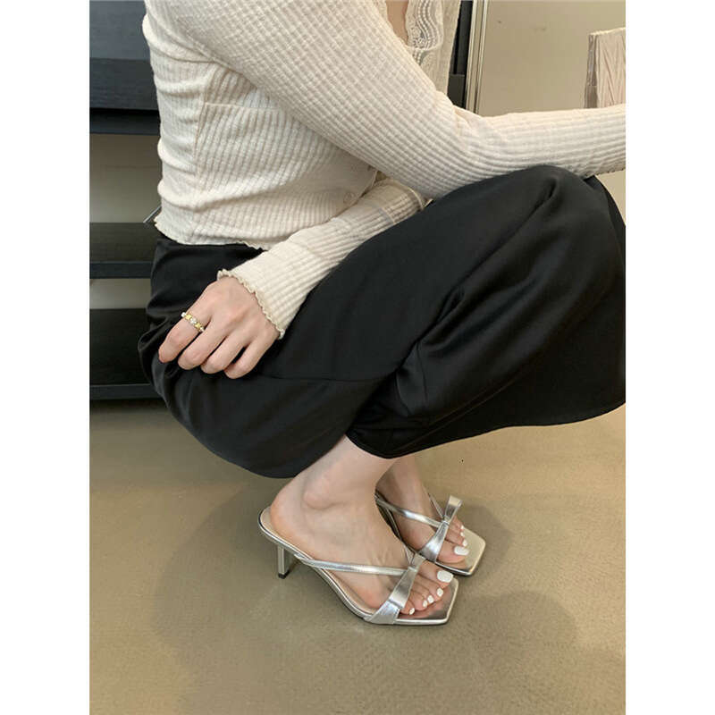 French Style Evening Silver High Heel Sandals 2024 New Stunning Bowknot Stiletto Strap Slippers for Women Summer Outdoor Wear