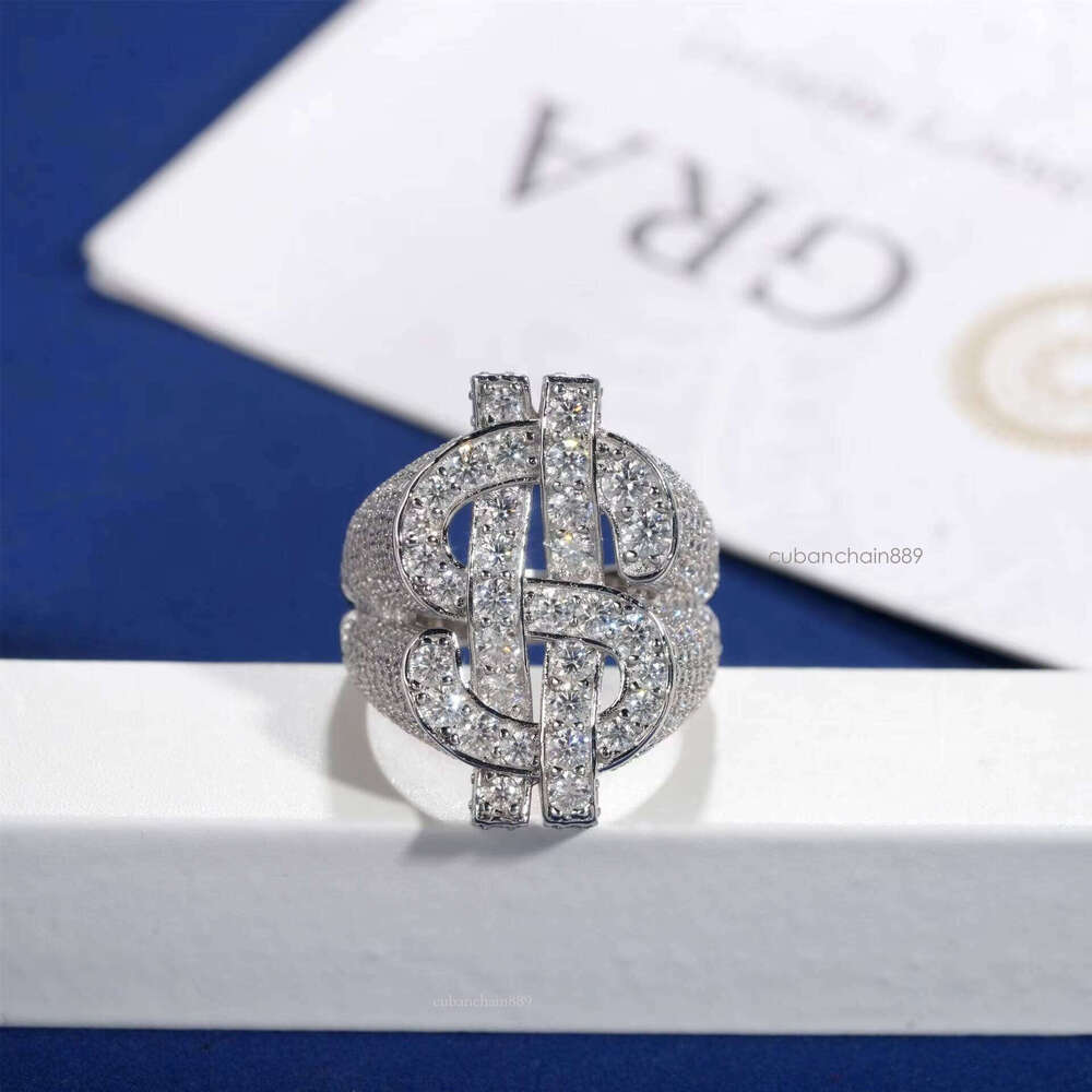 Sterling Sier Iced Out VVS Moissanite USD Dollar Symbol Ring Hip Hop Gold Plated Trendy Wedding Engagement Gift Jewelry